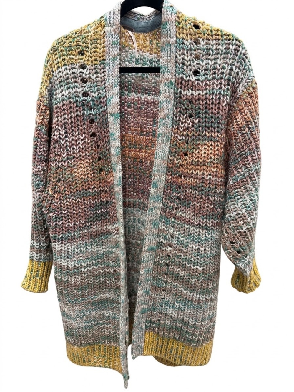 Free People Multicolor Open-Front Knit Cardigan with Mustard Trim